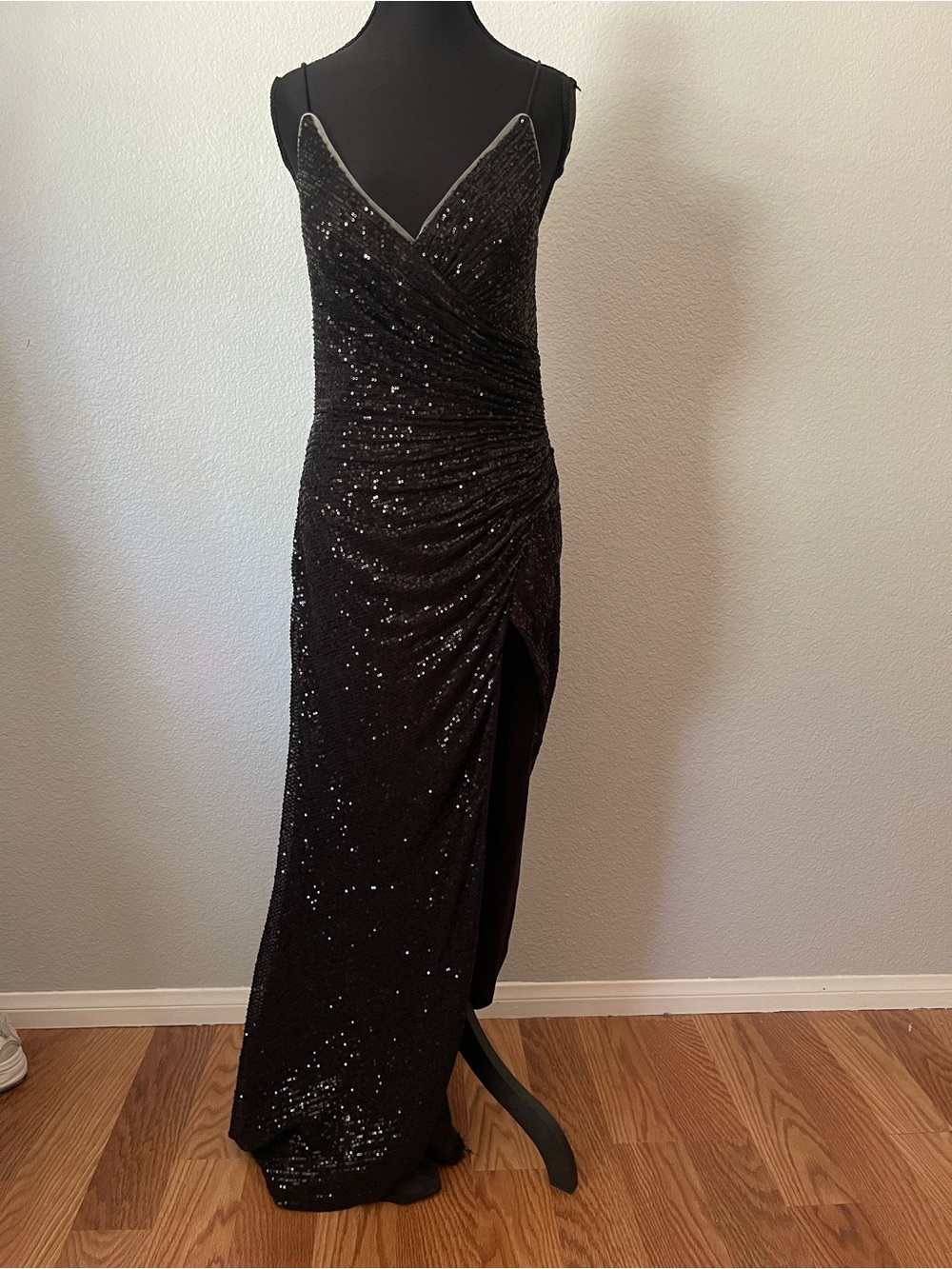 Black Sequin V-Neck Maxi Dress with Side Slit